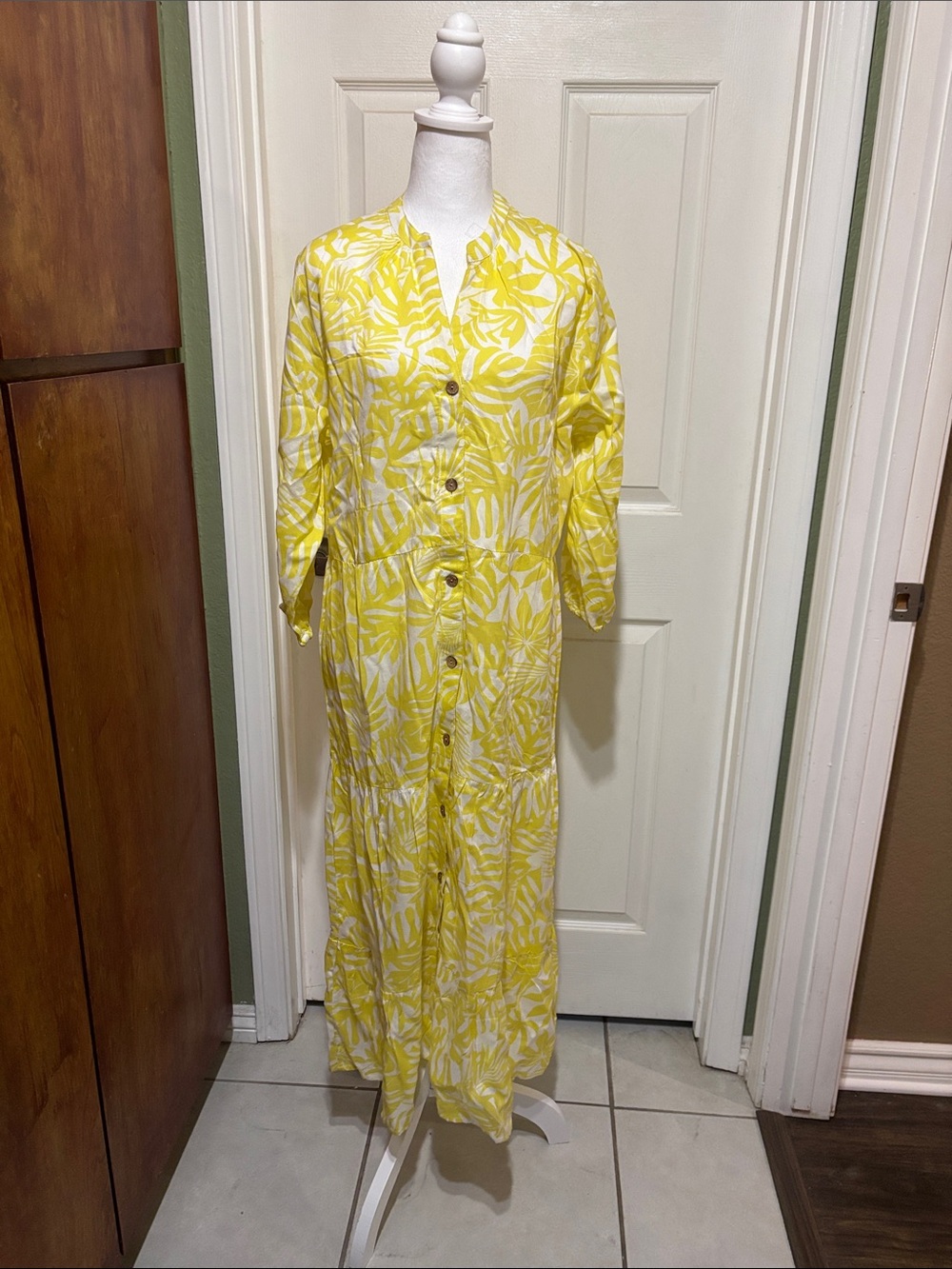 Yellow Botanical Button-Front Maxi Dress